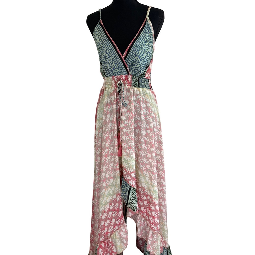 NWT O.P.C. Italy Silk Blend Boho High Low Maxi Dress Tassel Smocked Size sm